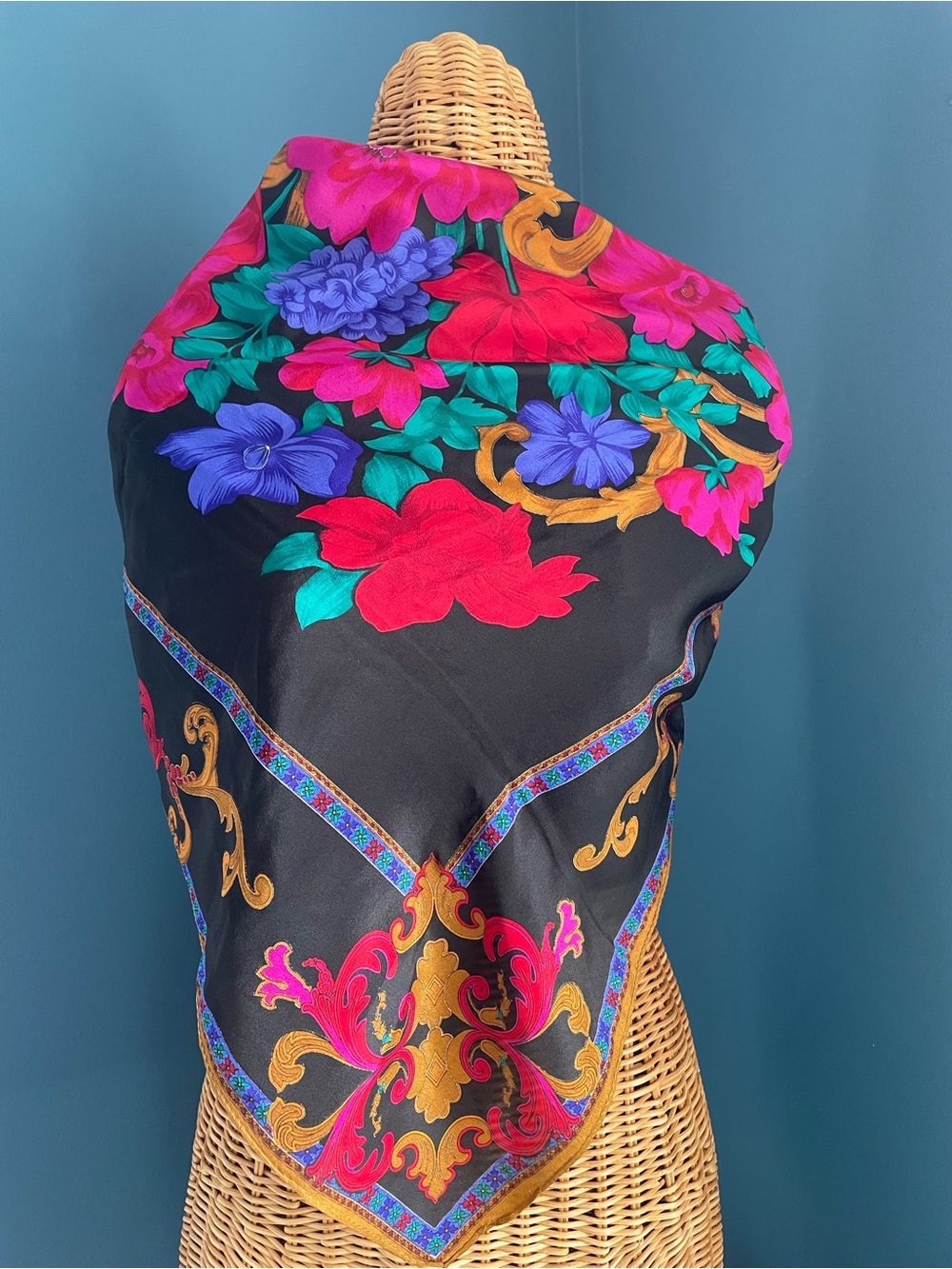 Vintage Black Square Scarf Colorful Floral Bouquet Gold Baroque Border No Tags